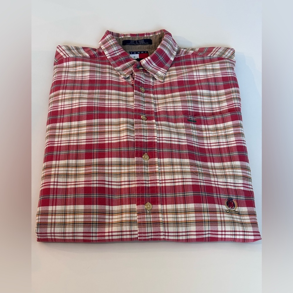 Tommy Hilfiger Men’s Large Red and White Plaid Shirt